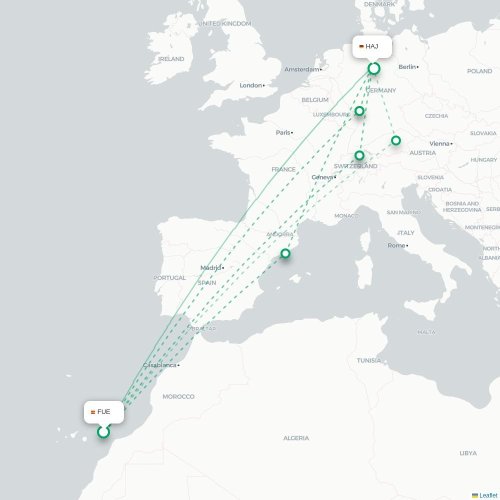 Mapa de vuelo directo Puerto del Rosario - Hannover