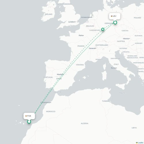 Mapa de vuelo directo Puerto del Rosario - Leipzig