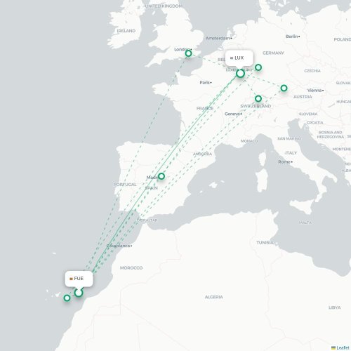 Mapa de vuelo directo Puerto del Rosario - Luxemburgo