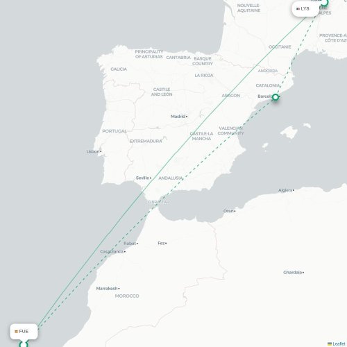 Mapa de vuelo directo Puerto del Rosario - Lyon