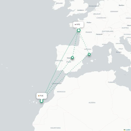 Mapa de vuelo directo Puerto del Rosario - Nantes