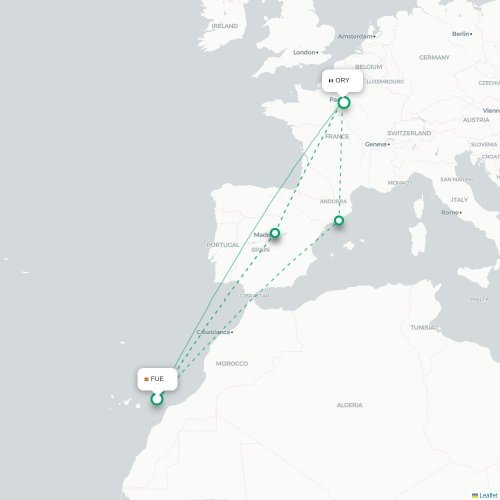 Mapa de vuelo directo Puerto del Rosario - París