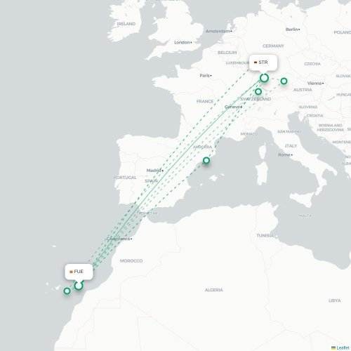 Mapa de vuelo directo Puerto del Rosario - Stuttgart