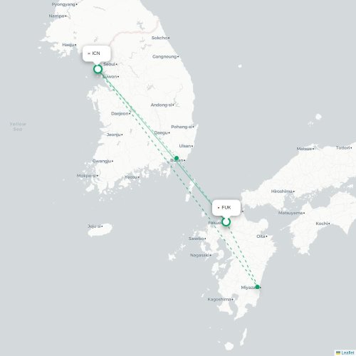 Mapa lotu bezpośredniego Fukuoka – Inczhon