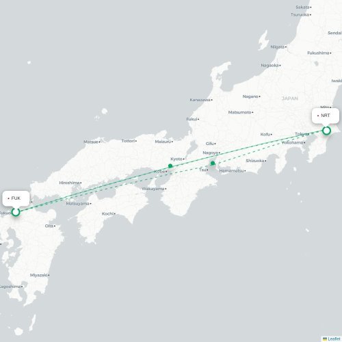 Mapa lotu bezpośredniego Fukuoka – Tokio