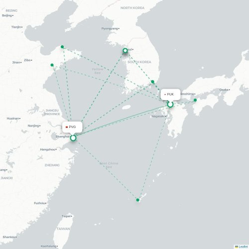 Mapa lotu bezpośredniego Fukuoka – Szanghaj