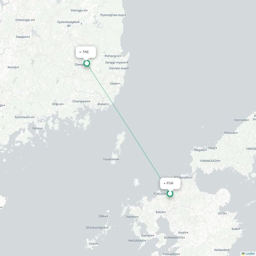 Mapa lotu bezpośredniego Fukuoka – Taegu