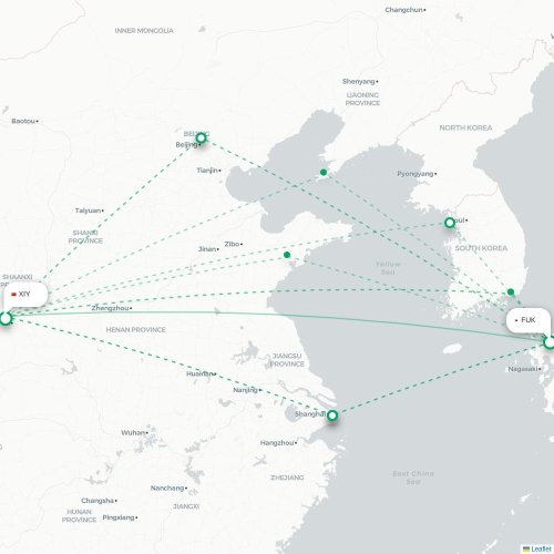 Mapa lotu bezpośredniego Fukuoka – Xi'an