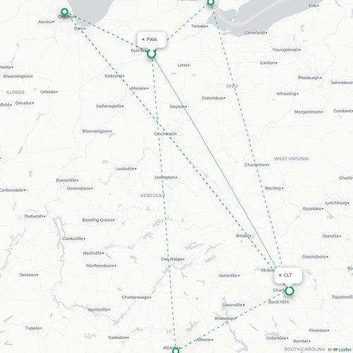 Fort Wayne - Charlotte kaart van rechtstreekse vlucht