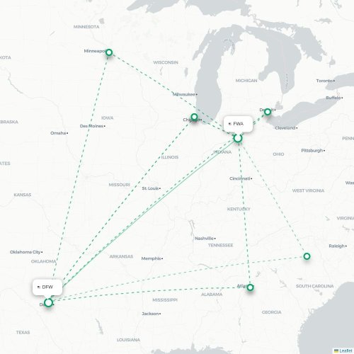 Fort Wayne - Dallas kaart van rechtstreekse vlucht