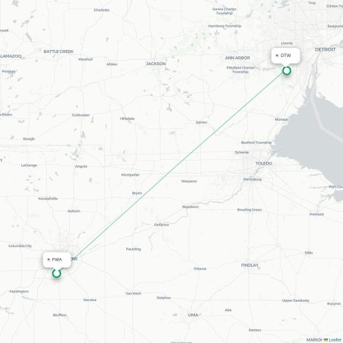 Fort Wayne - Detroit kaart van rechtstreekse vlucht