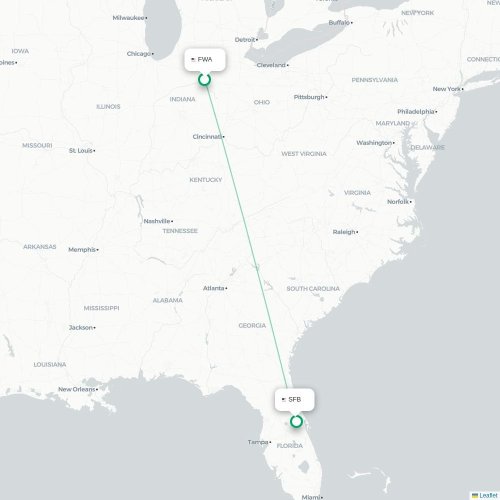 Mapa de vuelo directo Fort Wayne - Orlando