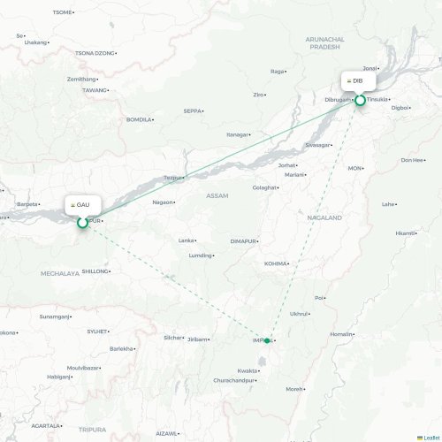 Mapa de vuelo directo Guwahati - Dibrugarh