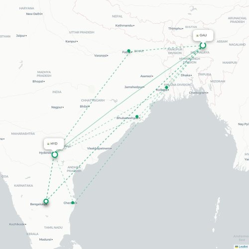 Guwahati – Hyderabad suoran lennon kartta