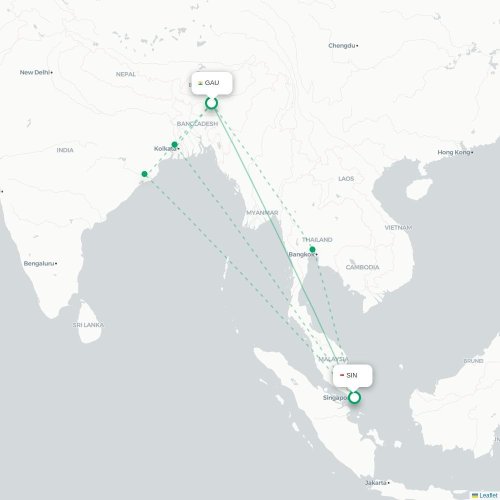 Mapa lotu bezpośredniego Guwahati – Singapur