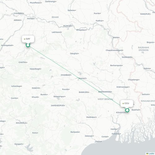 Gaya – Kalkutta suoran lennon kartta