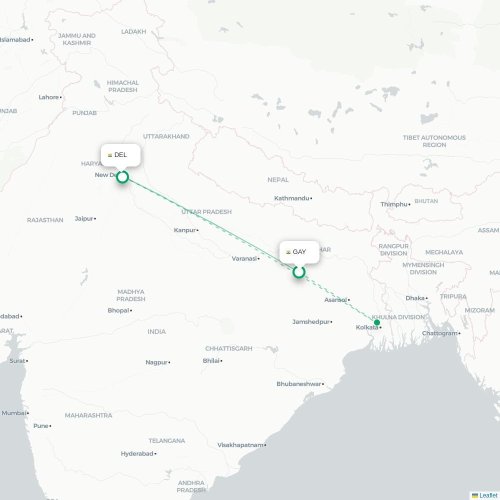 Gaya – New Delhi suoran lennon kartta