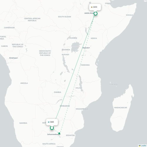 Mapa lotu bezpośredniego Gaborone – Addis Abeba