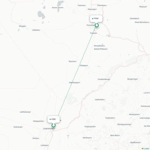 Mapa lotu bezpośredniego Gaborone – Francistown