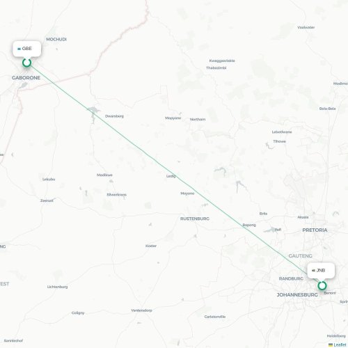 Mapa lotu bezpośredniego Gaborone – Johannesburg