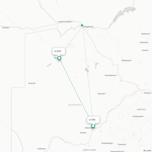 Mapa lotu bezpośredniego Gaborone – Maun
