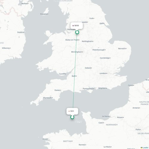 Mapa de vuelo directo Saint Peter Port - Mánchester