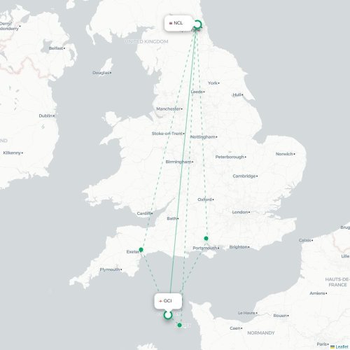 Mapa de vuelo directo Saint Peter Port - Newcastle-upon-Tyne