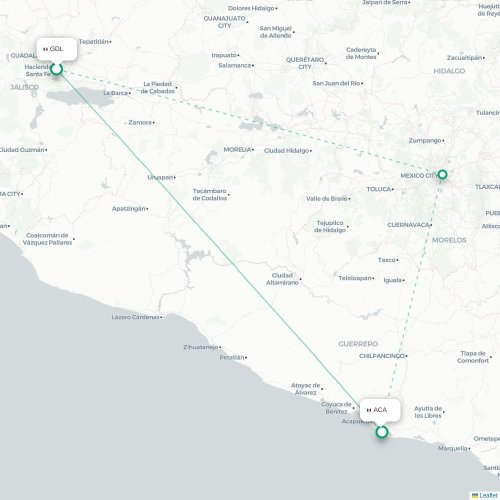 Mapa de vuelo directo Guadalajara - Acapulco