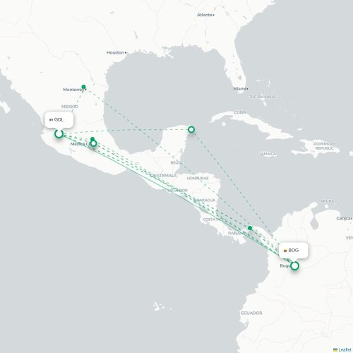Mapa de vuelo directo Guadalajara - Bogotá
