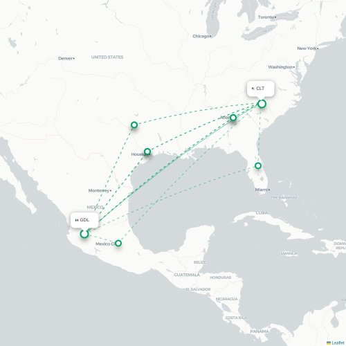 Mapa lotu bezpośredniego Guadalajara – Charlotte