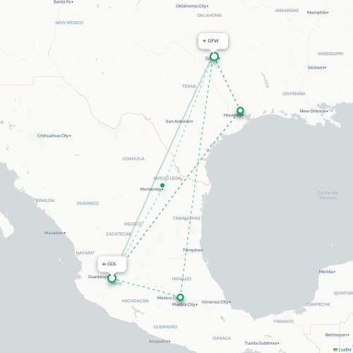 Guadalajara - Dallas karta över direktflyg