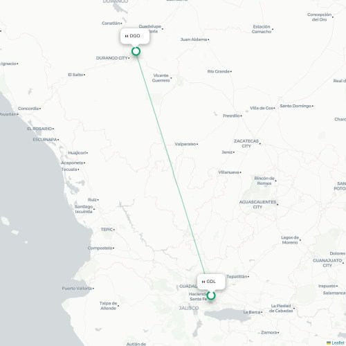 Mapa de vuelo directo Guadalajara - Victoria de Durango