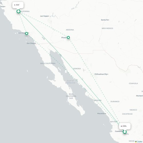 Guadalajara - Fresno kort over direkte fly