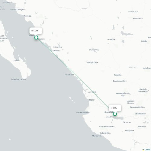 Guadalajara - Los Mochis kaart van rechtstreekse vlucht