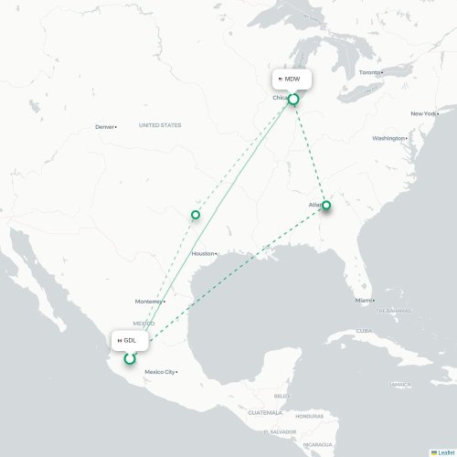 Mapa lotu bezpośredniego Guadalajara – Chicago