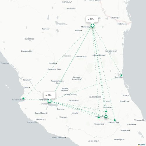Mapa lotu bezpośredniego Guadalajara – Monterrey
