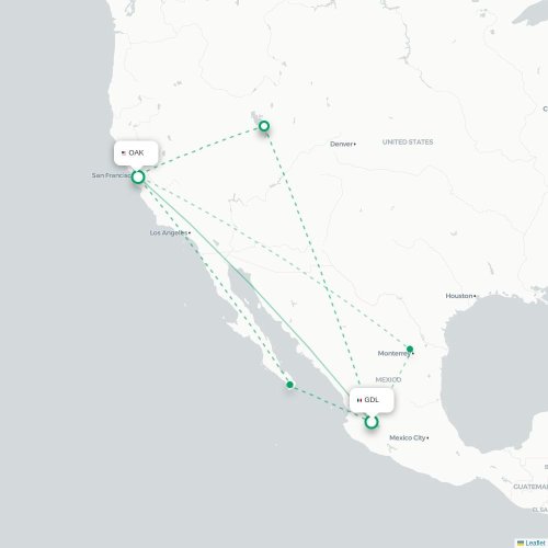 Mapa lotu bezpośredniego Guadalajara – Oakland