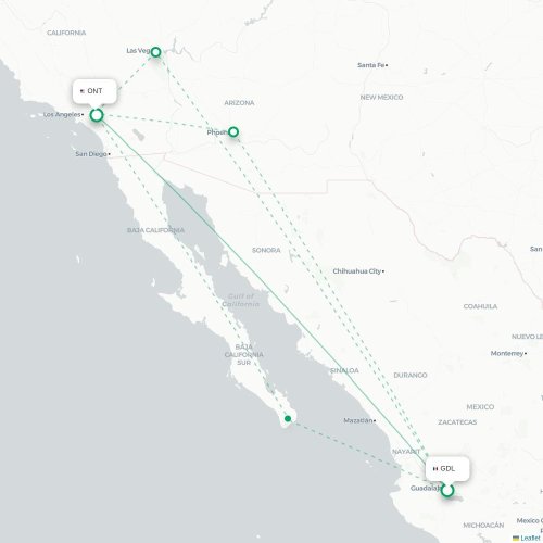 Mapa lotu bezpośredniego Guadalajara – Ontario