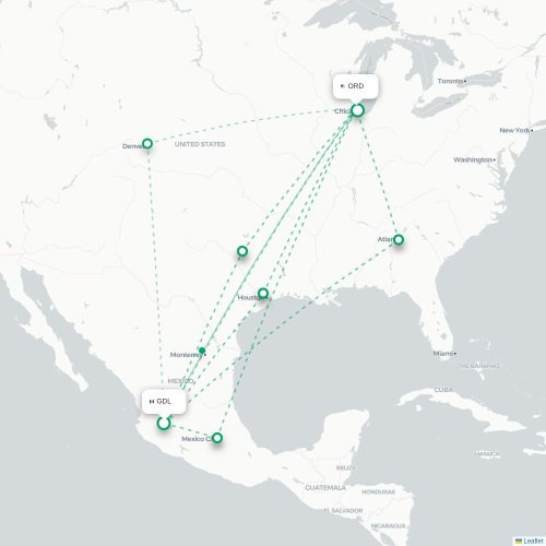 Mapa lotu bezpośredniego Guadalajara – Chicago