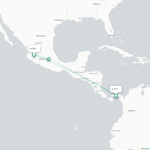 Mapa de vuelo directo Guadalajara - Ciudad de Panamá