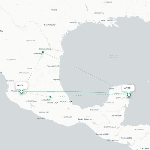 Mapa de vuelo directo Guadalajara - Tulum