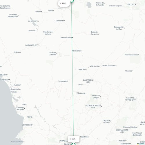 Mapa de vuelo directo Guadalajara - Torreón