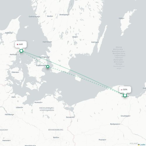 Mapa lotu bezpośredniego Gdańsk – Aarhus