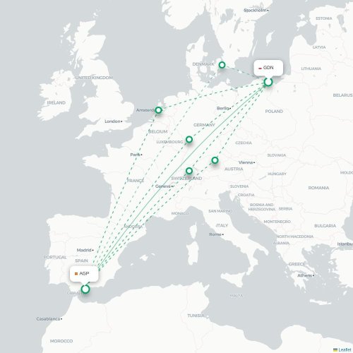 Mapa lotu bezpośredniego Gdańsk – Malaga