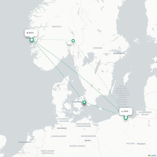 Mapa de vuelo directo Gdansk - Bergen