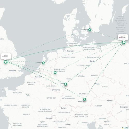 Mapa de vuelo directo Gdansk - Birmingham