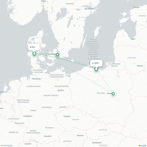 Mapa lotu bezpośredniego Gdańsk – Billund