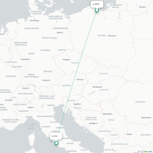 Mapa lotu bezpośredniego Gdańsk – Rzym