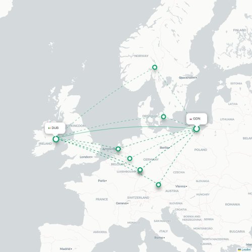 Mapa de vuelo directo Gdansk - Dublín