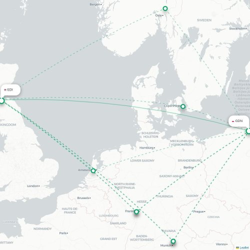 Mapa de vuelo directo Gdansk - Edimburgo